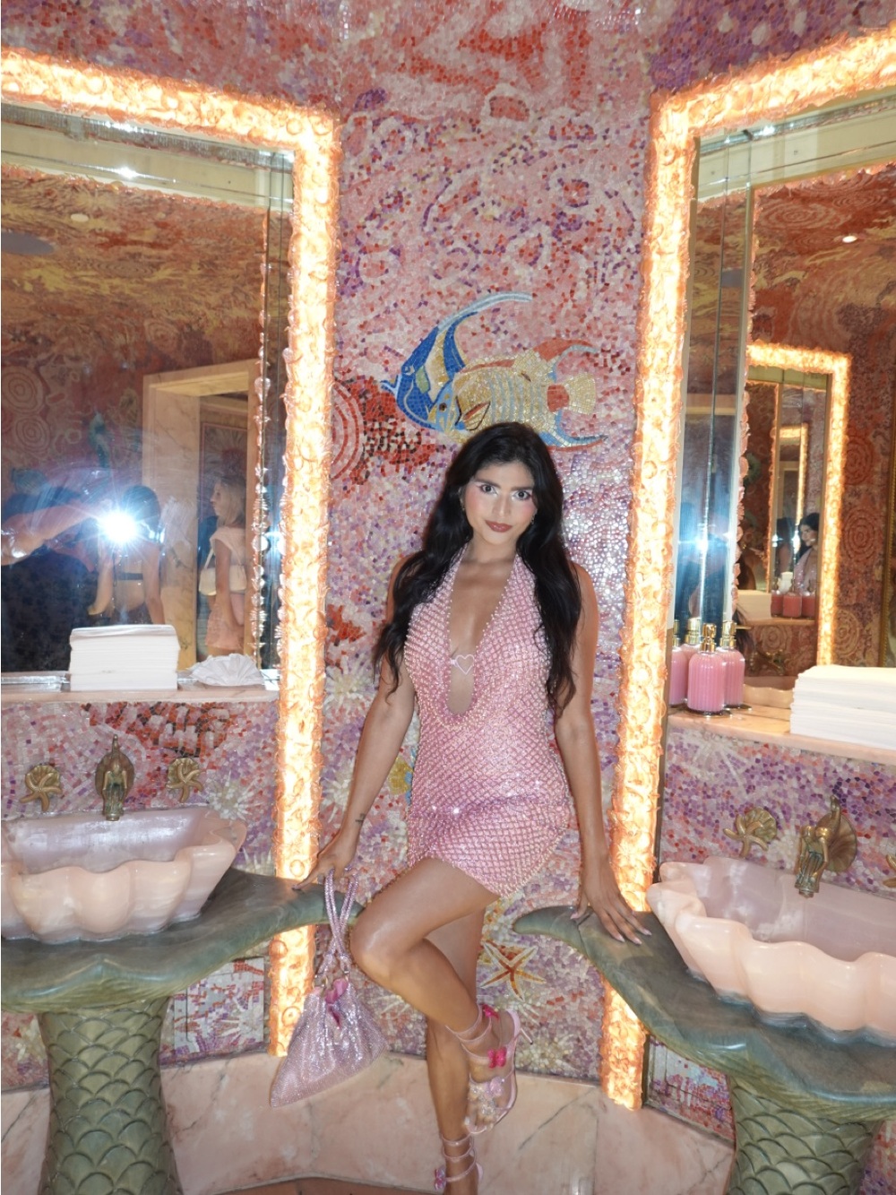 Oh Polly Pink Beaded Halter Mini Dress